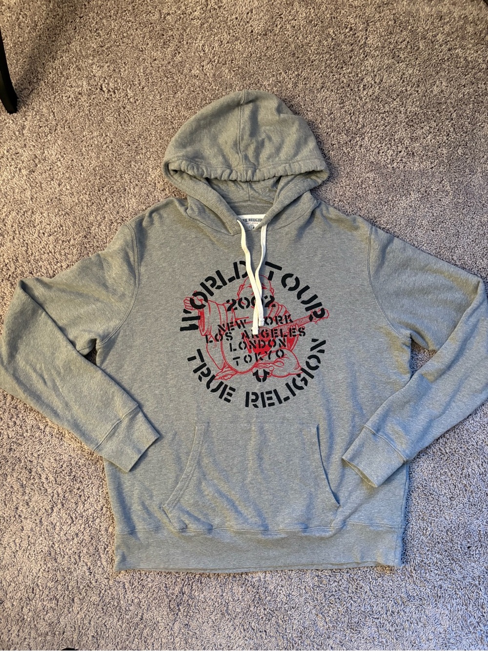 True Religion Men's Gray Zip-Up Hoodie with Black and Red Logo